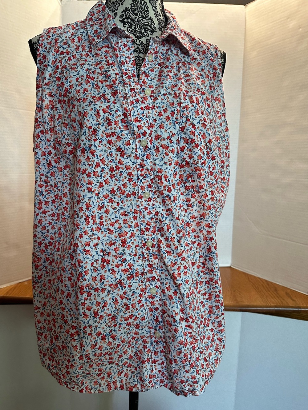 St. John's Bay White Button-Down Shirt with Red Floral Print